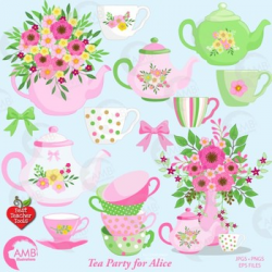 Tea Time Clipart, Shabby Chic Clipart, Mad Hatter Tea Party Clipart,  AMB-1960