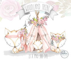 Boho Teepee Clipart,Watercolor feathers and flowers wreath ...