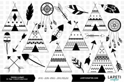 Black and white teepee clip art. Boho wedding tribal clipart