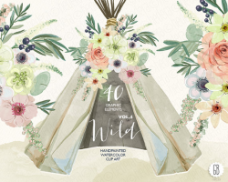 Watercolor Teepee, Flowers, Peonies, Tipi, Wild, Tribal ...