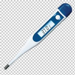 Digital Medical Thermometer, turned-on white and blue ...