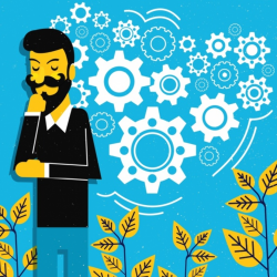 Brainstorming conceptual drawing thinking man gears trees ...