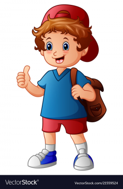 Cute boy in hat and backpack giving thumbs up