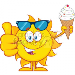 cute sun cartoon mascot character with sunglasses holding a ice cream  showing thumb up vector illustration isolated on white background clipart.  ...