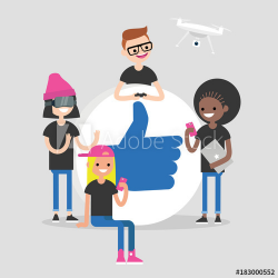 A group of millennial friends gathering around big \