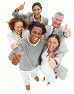 Portrait of smiling business people with thumbs up against ...