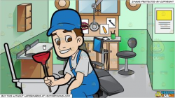 clipart #cartoon A Plumber Fixing A Clogged Toilet and ...