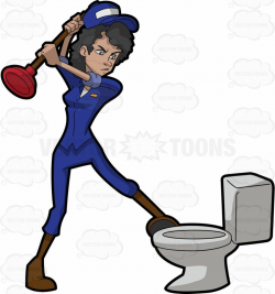 A frustrated female plumber trying to fix a clogged toilet ...