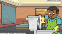 A Black Man Cleaning A Toilet Seat and A Hotel Room With Two Double Beds  Background