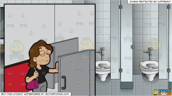 A Woman Opening A Toilet Cubicle and Inside A Women\'s Public Bathroom  Background