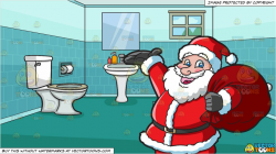 Santa Clause Carrying A Heavy Bag and An Apartment Bathroom Background