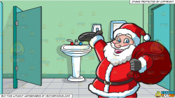 Santa Clause Carrying A Heavy Bag and A Public Washroom Background