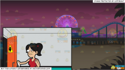 A Woman Exiting A Public Toilet and Santa Monica Pier Background