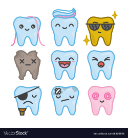 Nine funny cartoon kawaii teeth isolated