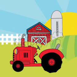 Vintage Red Tractor In Front Of Country Farm clipart. Royalty-free clipart  # 379382