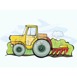 Yellow tractor pulling red plow through soil clipart. Royalty-free clipart  # 128749