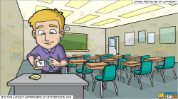 A Man Removing The Transparent Case Of His Phone and Inside A High School  Classroom Background