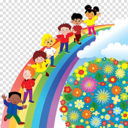 Group of children\'s walking on rainbow illustration, Pre ...