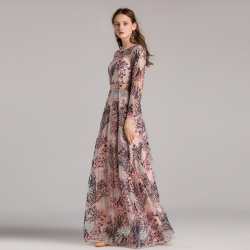 New 2017 Quality Real Photo Pink Transparent Long Sleeves Prom Dresses O  Neck Beading Floor Length Party Dresses