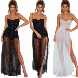 Women Spaghetti Strap Transparent Mesh Gown High Split dress Elegant Women  Summer Sun Dresses club party dress robe Long Maxi White Dress