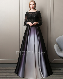 Princess Scoop Neck Long Lace Transparent Prom Dresses Long Sleeve  Appliques Fit And Flare Black Flounce