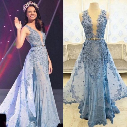 Real Image Light Blue Elie Saab Evening Dresses 2019 Appliques Beads  Detachable Train Transparent Formal Party Pageant Gowns Celebrity Dress  Formal ...