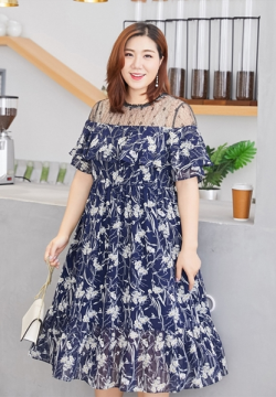 Transparent Shoulder Floral Plus Size Maxi Dress