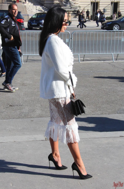 Beautiful woman in white transparent dress & very high hee ...