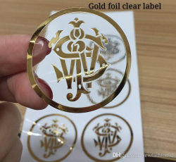 Custom gold foil logo label on transparent sticker new round clear  trademark label sticker in gold stamping with high quality