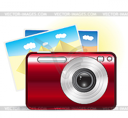 Red camera with travel photos - vector clipart
