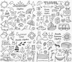 BIG SET of Doodle Summer cliparts, Hand drawn vacation ...