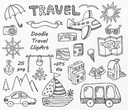 Doodle travel clipart, Hand drawn Summer clipart, Digital ...