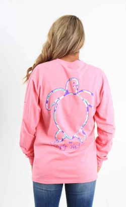 Simply Southern Logo Prep Turtle Long Sleeve T-shirt for Women in Flamingo