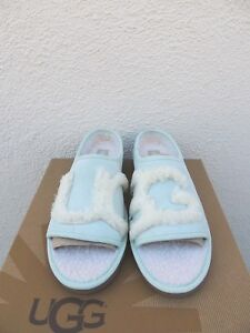 Details about UGG AQUA/ WHITE SHEEPSKIN UGG LOGO SLIDE SLIPPERS, WOMEN US  8/ EUR 39 ~NIB