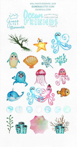 Sea Animals Clipart Hand Painted Watercolor Clipart Under ...