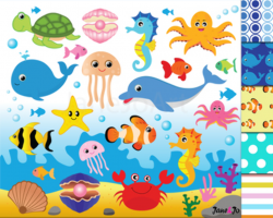 Ocean Animals Clipart,Ocean Theme,Under the Sea Clipart,Digital Paper  Background