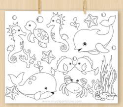 Under the sea clipart #1 - BLACKLINE - color me, with outlines