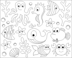 Under The Sea Black And White Clip Art - Fishes, Whale, Crab ...