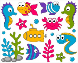 Under The Sea Clip Art - Ocean ClipArt - Fishes, Crab, Seahorse, Eel,  Submarine