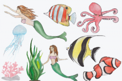 Ocean clipart with mermaid, fish, octopus and jellyfish. Under the sea  clipart