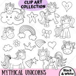 Mythical Creatures Magical Unicorns Clip Art (BLACK AND WHITE ONLY)