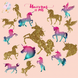 Gold glitter and Galaxy Unicorns Clipart