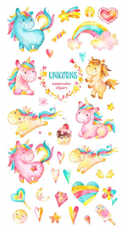 Unicorns. Watercolor clip art, rainbow, hearts, flowers, stars ...
