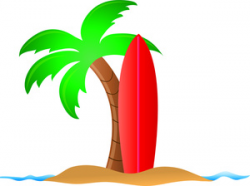 Island vacation clipart image surfboard leaning up against a palm ...