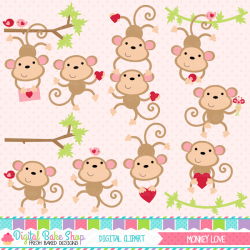 Monkey Love Valentine Clipart - adorable monkeys with hearts ...