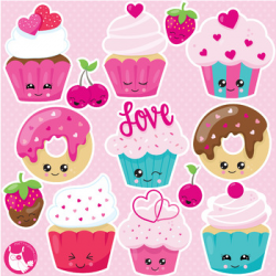 Kawaii valentine cupcakes clipart commercial use, vector graphics - CL1056