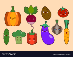 Set of vegetables smiley face kawaii characters
