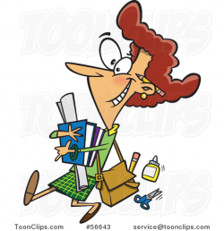 Cartoon White Female Teacher Carrying Supplies and Walking ...