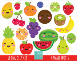 50% SALE kawaii FRUITS clipart, cute clipart, apple/banana/cherry/watermelon