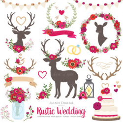 Red Rustic Wedding Clipart - Christmas Deer and Flower Wreath ...